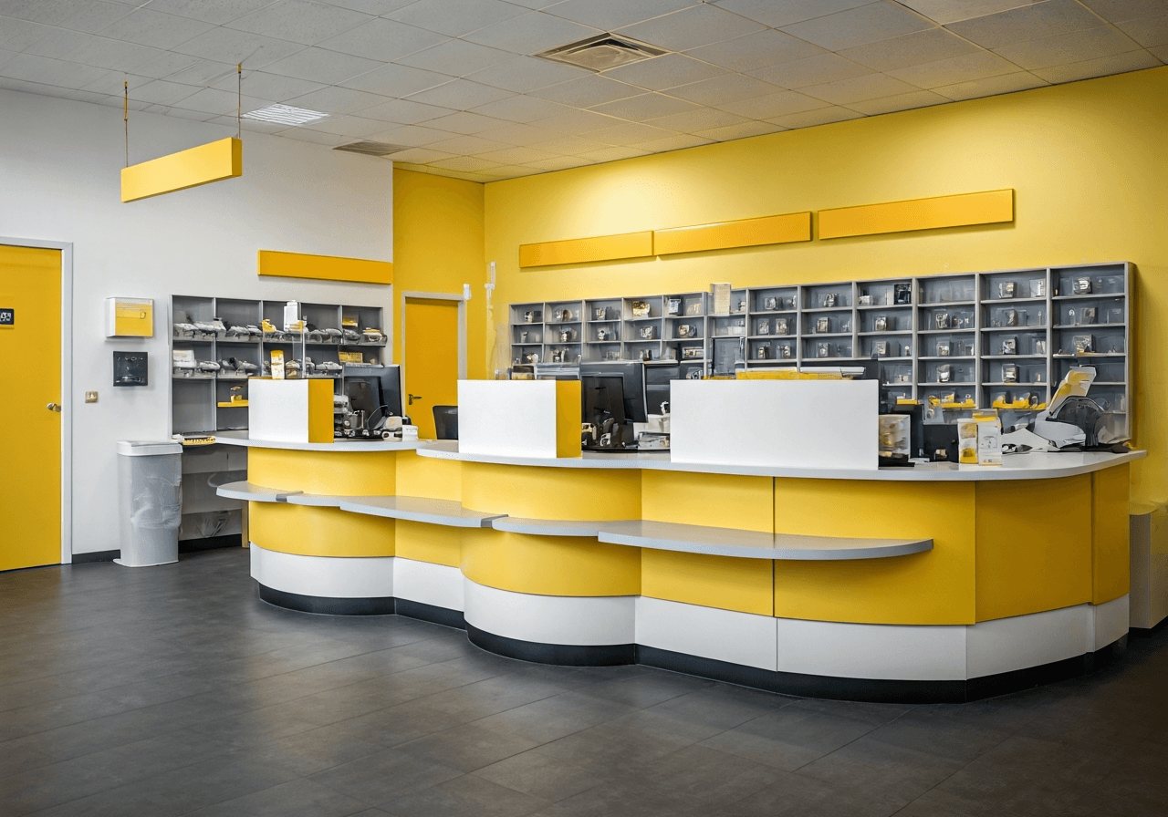 A clean, modern interior of a local post office branch in the Czech countryside, organized counters, professional atmosphere, soft natural light, editorial photography style, 85mm lens, high resolution, no text, no words, no letters.