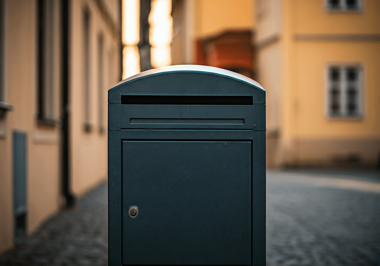 A professional close-up shot of a modern mailbox in a historic Czech town street, soft morning light, editorial photography style, 85mm lens, high resolution, no text, no words.