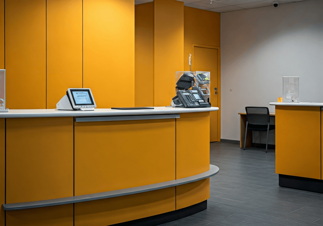 A professional, modern post office interior in the Czech Republic, clean aesthetic, focus on a parcel delivery counter, soft natural light, editorial photography style, 85mm lens, highly detailed, no text, no words, no letters