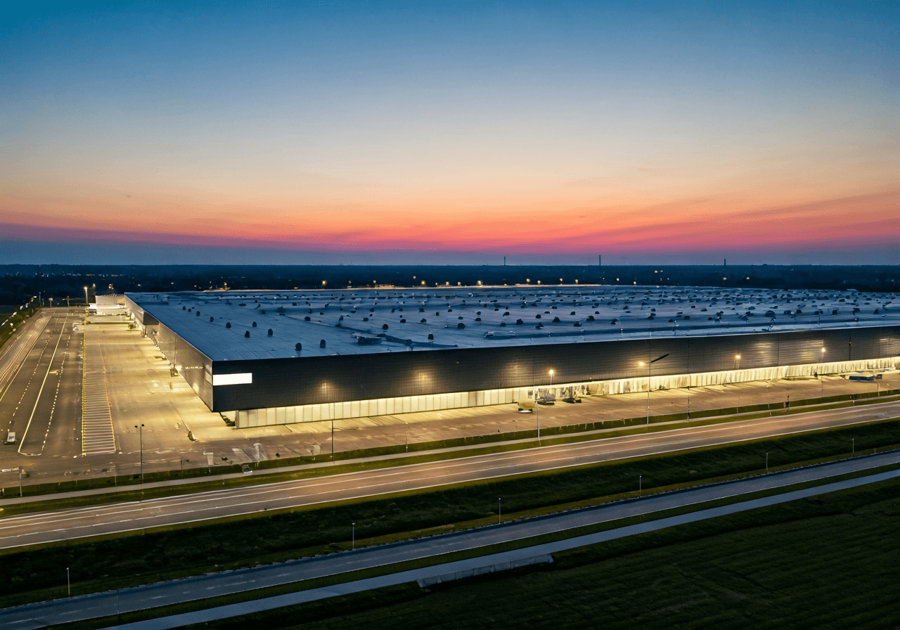 Aerial view of a modern high-tech logistics hub in Brno, clean architectural lines, glowing transit lanes, sunset lighting, cinematic quality, 85mm lens, high resolution, no text, no letters
