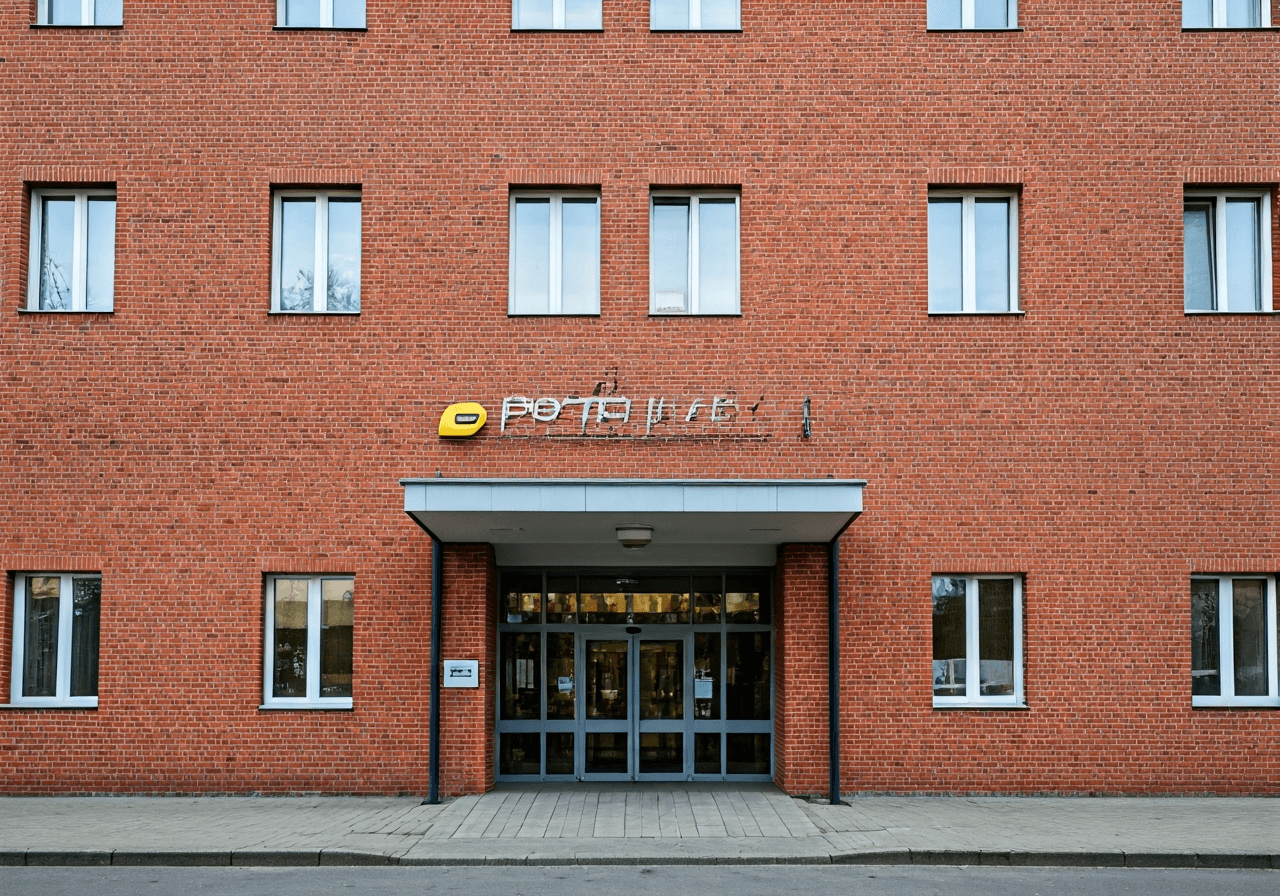 A professional exterior shot of a modern Czech post office building, clean brick architecture, welcoming entrance, soft natural daylight, 85mm lens, high resolution, no text, no letters