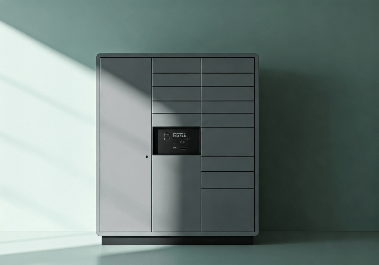A modern, minimalist smart parcel locker located in a bright, clean public space, editorial photography, soft natural light, shallow depth of field, 85mm lens, highly detailed, no text, no letters