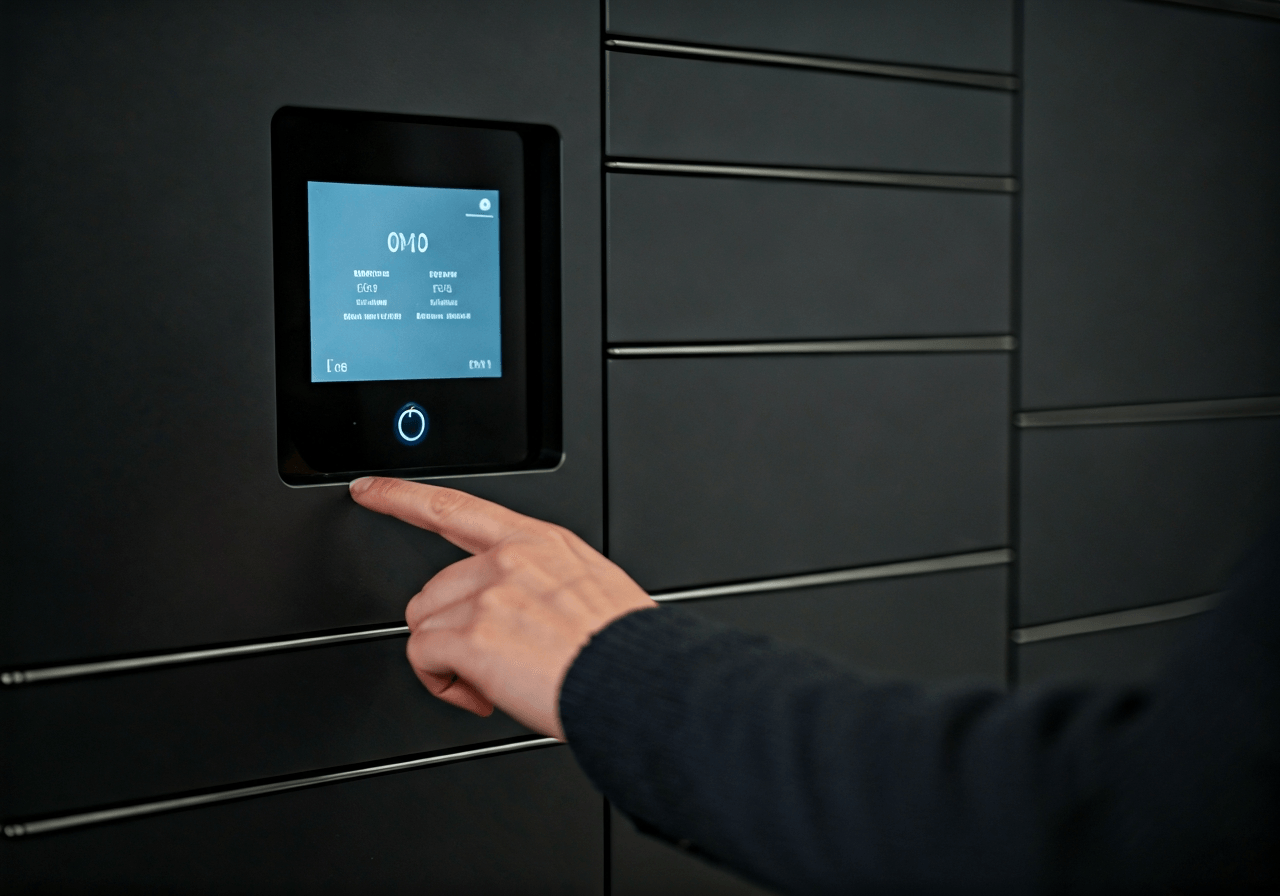 Close-up shot of a modern automated parcel locker in a sleek, minimalist urban setting, focus on the digital touch screen and the open locker door, high-end editorial logistics photography, soft natural daylight, 85mm lens, sharp focus, cinematic depth of field, no text, no words, no letters.