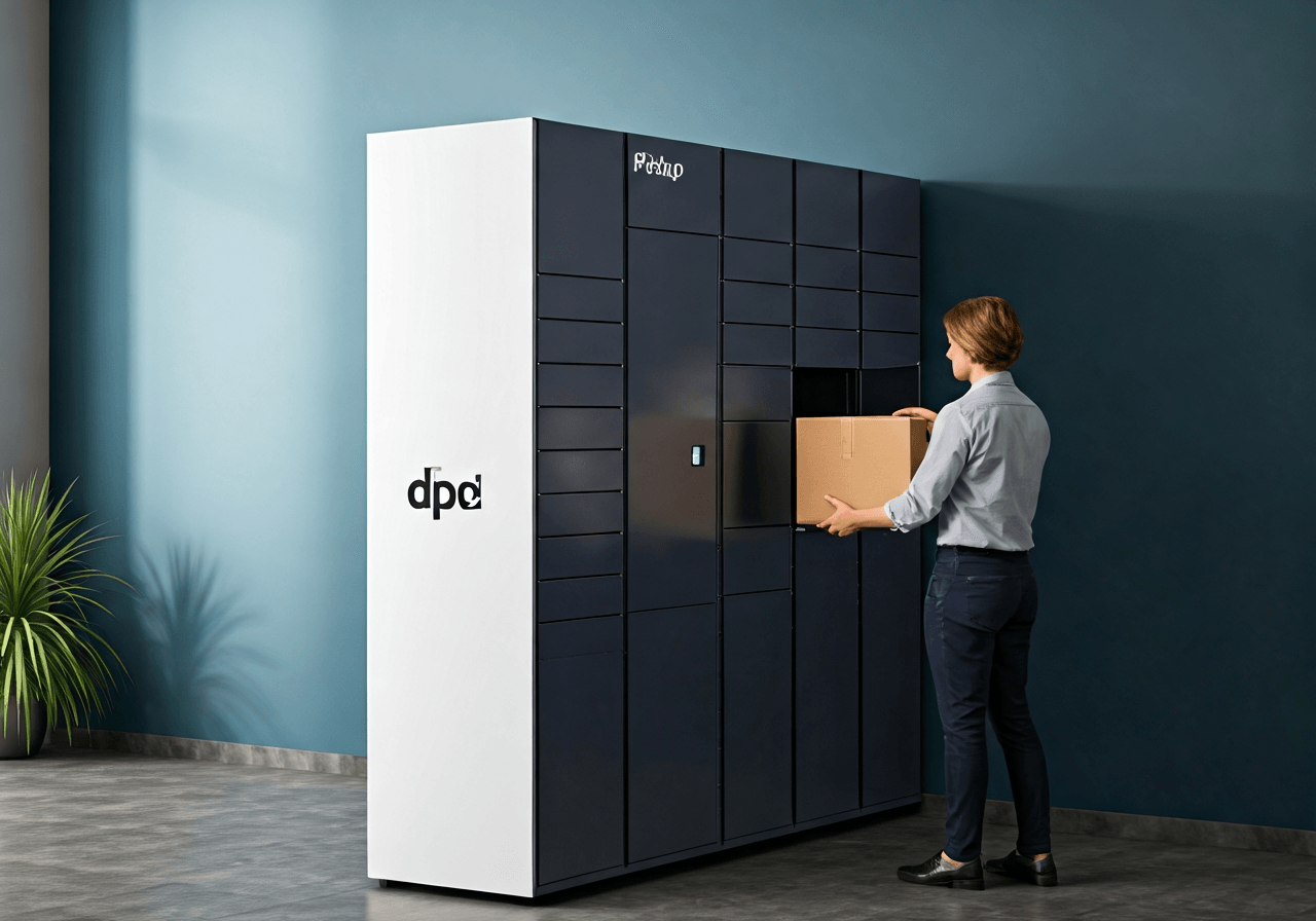 Editorial photography, a modern DPD Pickup box station located in a bright urban space, person placing a cardboard parcel into an open locker, sleek design, soft natural lighting, 85mm lens, high resolution, no text, no letters