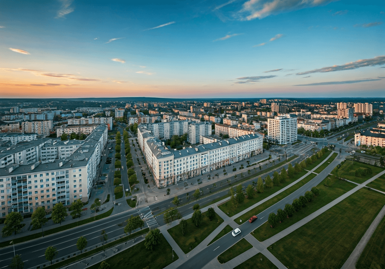Aerial view of Brno-Zábrdovice district streets, urban layout, modern, clean, editorial photography, high contrast, soft natural light, 85mm lens, highly detailed, no text, no letters