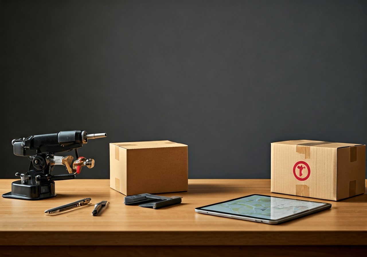 A neat, organized desk with a parcel ready for shipment, precision tools and a digital tablet showing a map, clean professional workspace, soft natural light, 85mm lens, high-end editorial aesthetic, no text, no letters.