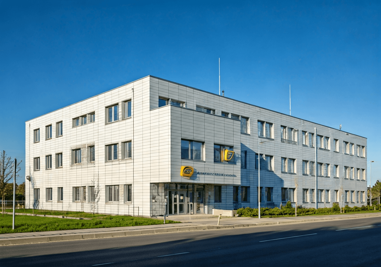 A professional exterior shot of a modern Czech post office building in a rural-urban setting, clean architectural lines, soft natural daylight, shallow depth of field, 85mm lens, high resolution, no text, no words, no letters.