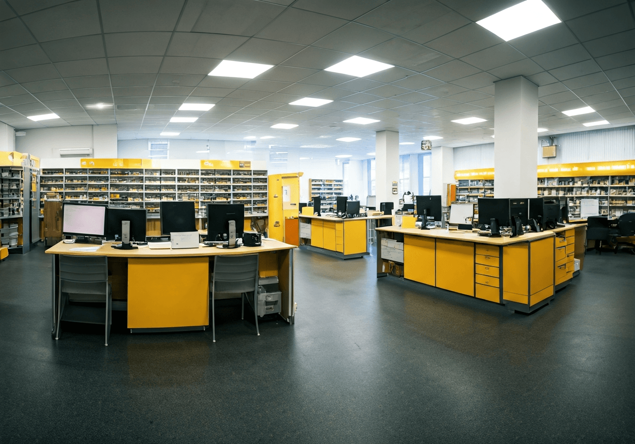 A wide-angle editorial shot of a modern, organized post office interior in Hrusovany u Brna, clean lines, professional atmosphere, soft natural light streaming through windows, 85mm lens, high resolution, no text, no words, no letters.