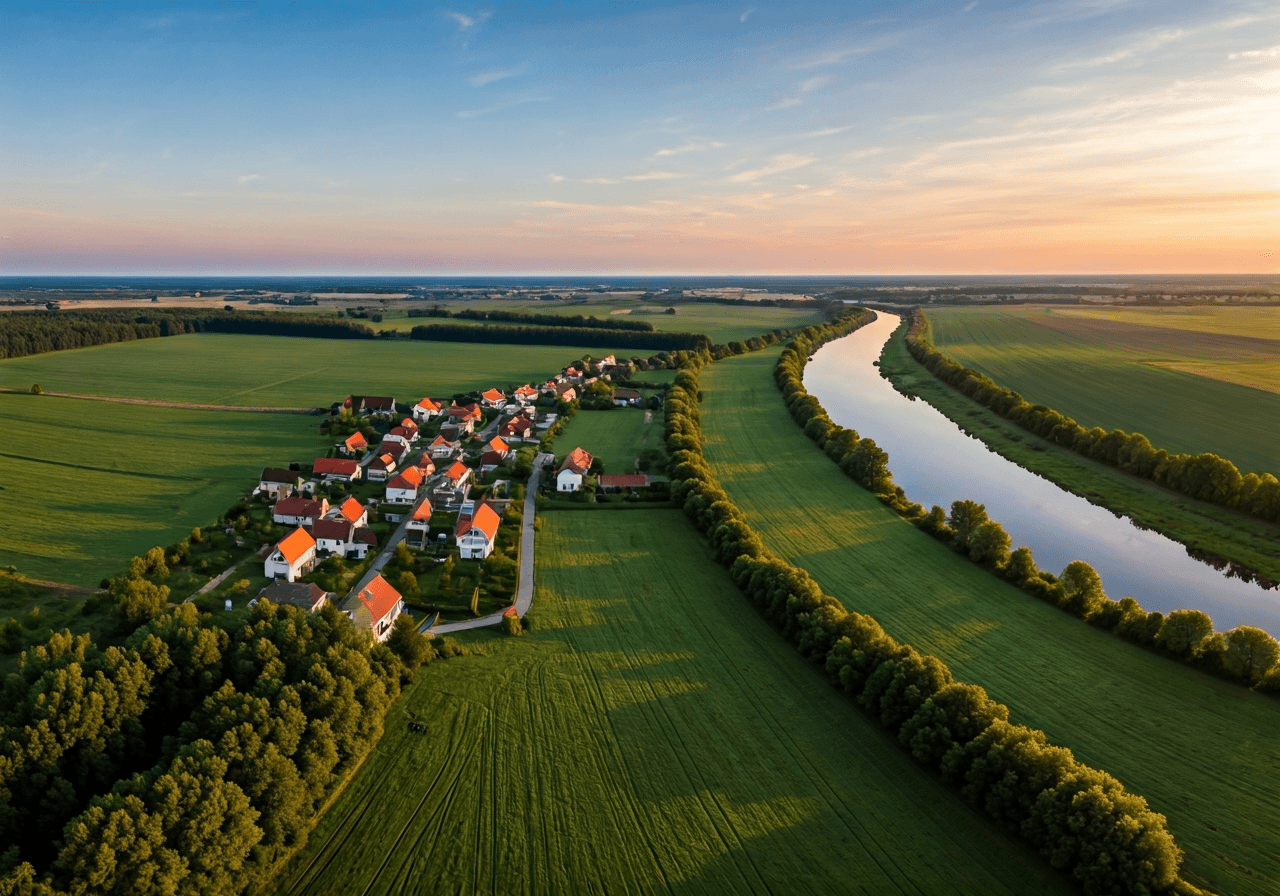 Aerial wide shot of Březova nad Svitavou nestled in the rolling green landscape of the Svitavy region, calm river flowing nearby, editorial photography, soft morning natural light, 85mm lens, high resolution, no text, no words, no letters