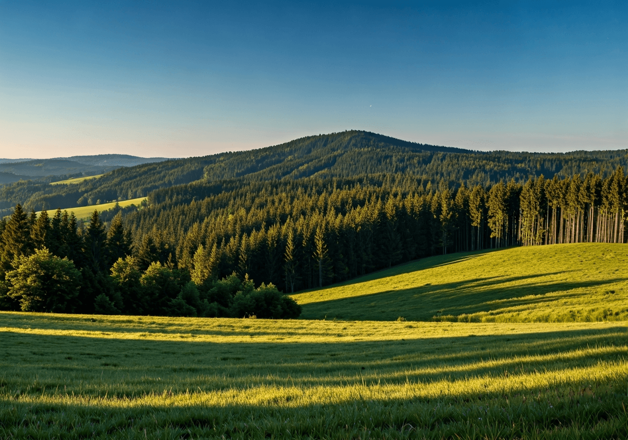 A tranquil landscape view of the rolling hills near Březová nad Svitavou, lush green forests under a clear blue sky, editorial style photography, soft natural morning light, 85mm lens, high resolution, peaceful atmosphere, no text, no words, no letters.