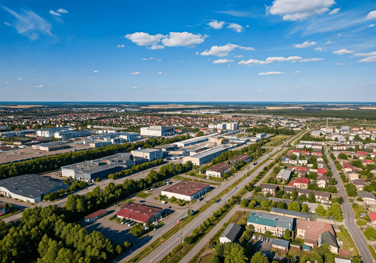 Aerial view of the industrial and residential landscape of Chvaletice, sunny day, modern editorial photography, high resolution, soft natural light, 85mm lens, no text, no letters