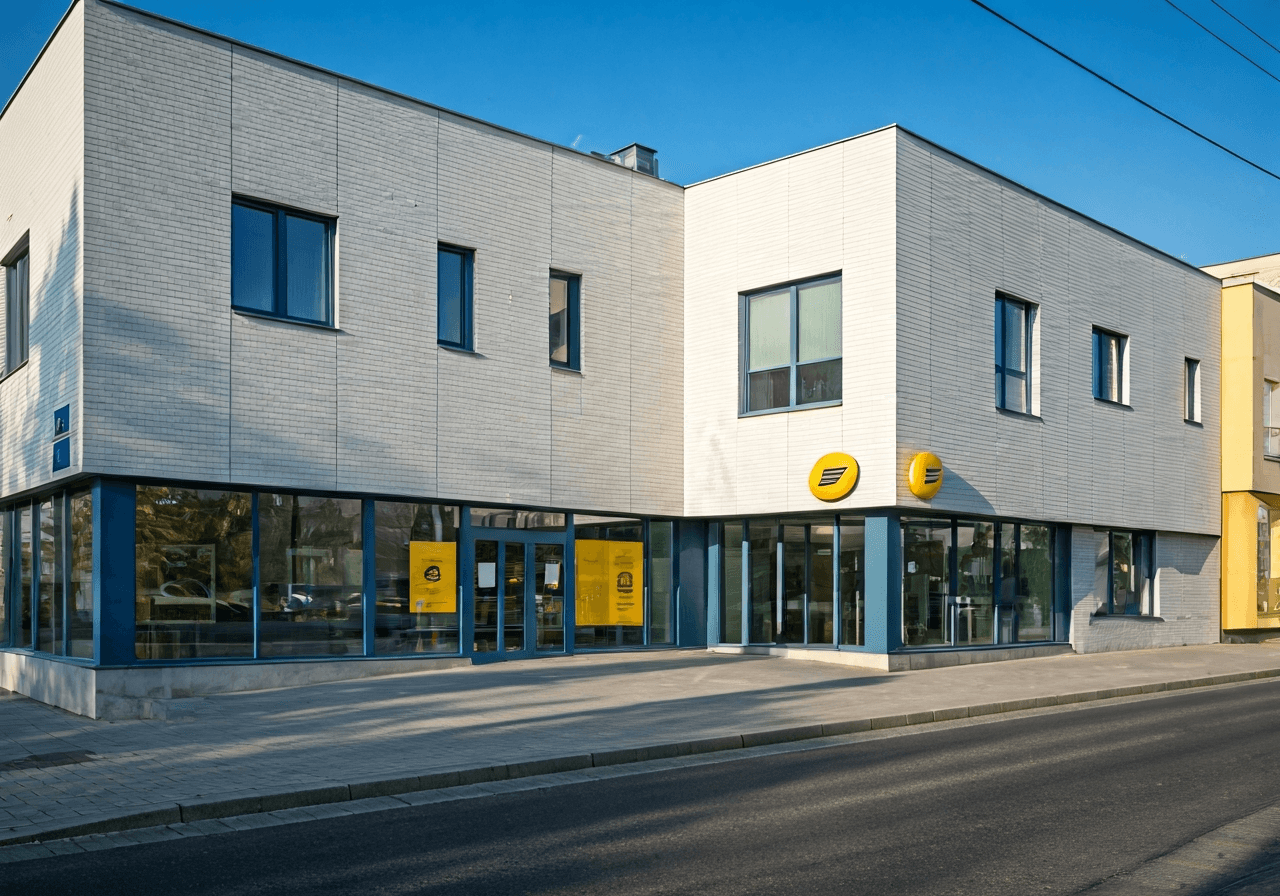 Exterior view of a modern Czech post office branch in a small town, clean architecture, daylight, inviting entrance, professional signage, editorial photography style, 85mm lens, soft natural lighting, no text, no words