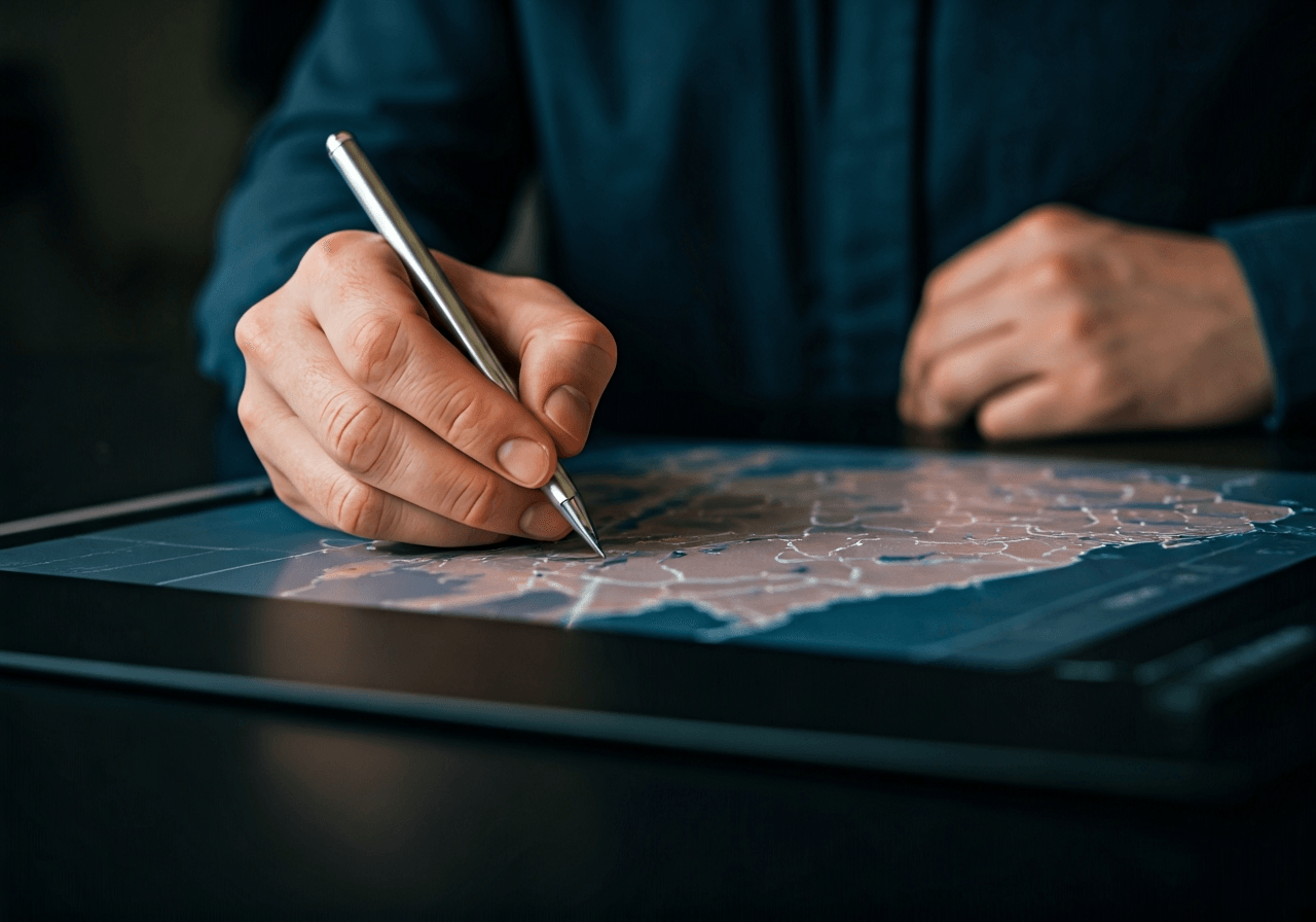 A professional cartographer working on a detailed digital map of the Czech Republic, focus on administrative borders, modern office setting with soft natural light, premium aesthetic, 85mm lens, high resolution, no text, no letters.