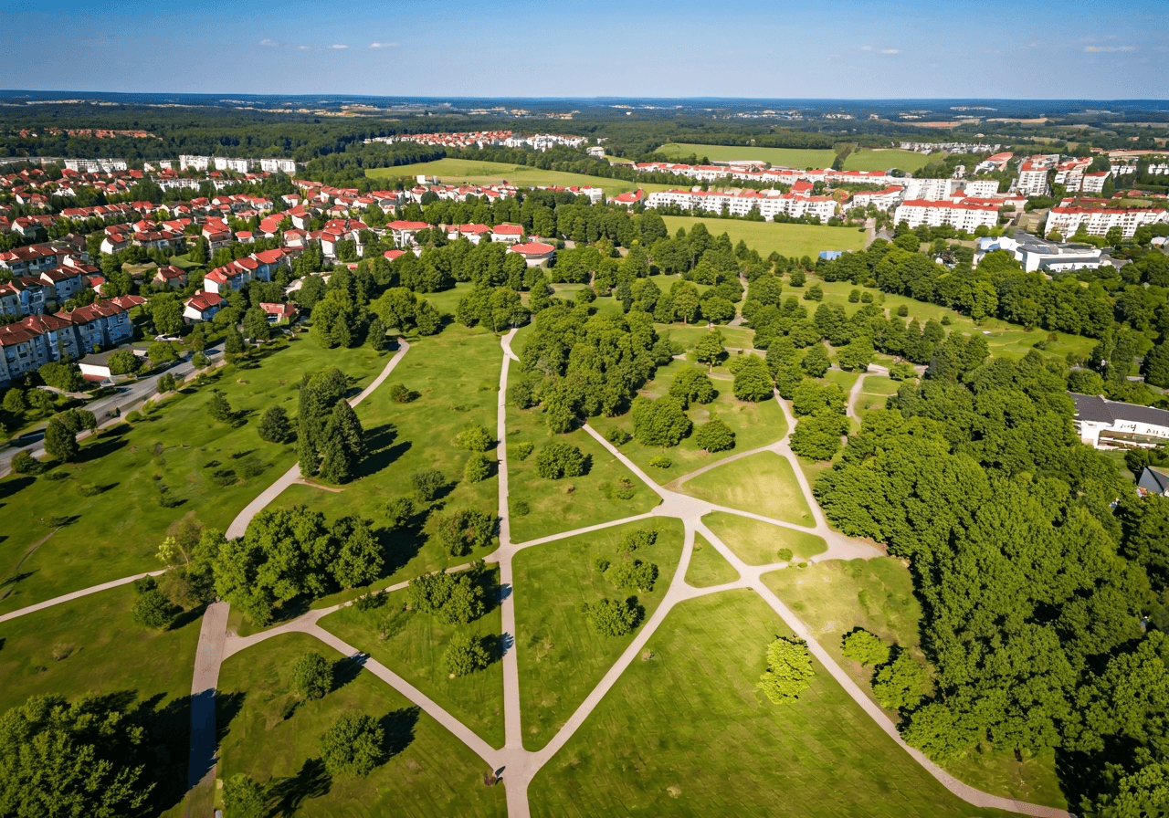 Aerial view of Měšice district in Tábor, lush green parks, clean residential houses, sunny day, editorial photography, 85mm lens, high resolution, no text, no letters