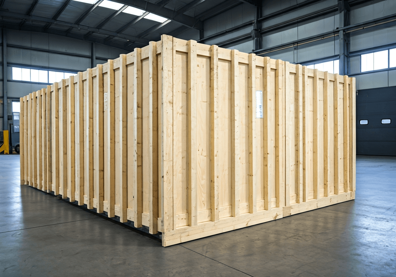 Industrial warehouse setting, professional wooden crating and secure packaging of heavy machinery, modern and clean aesthetic, editorial photography, soft natural light, 85mm lens, high resolution, no text, no words, no letters