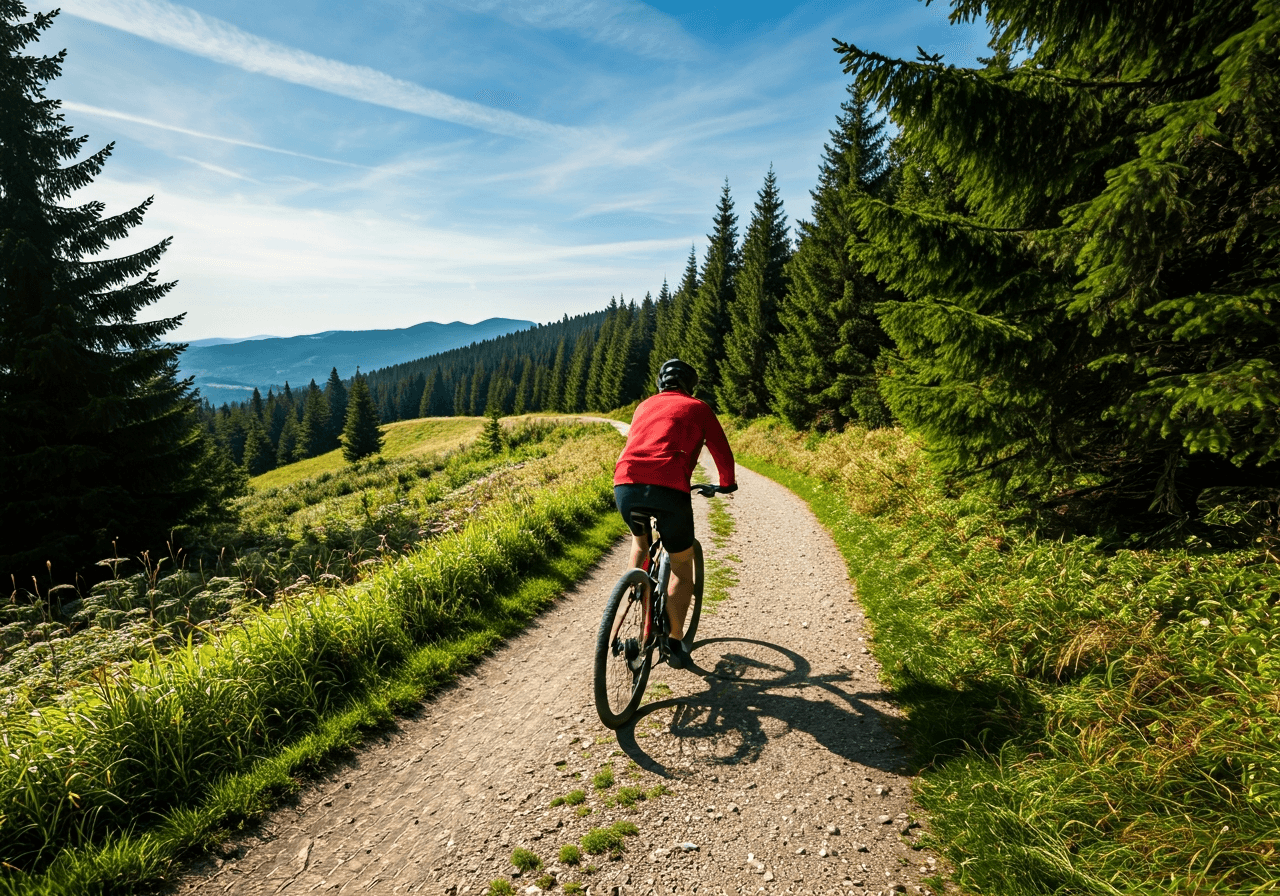 Editorial photography, a person cycling on a scenic path in the foothills of the Orlické hory mountains, lush greenery, soft natural sunlight, clean and modern aesthetic, 85mm lens, high resolution, no text, no letters