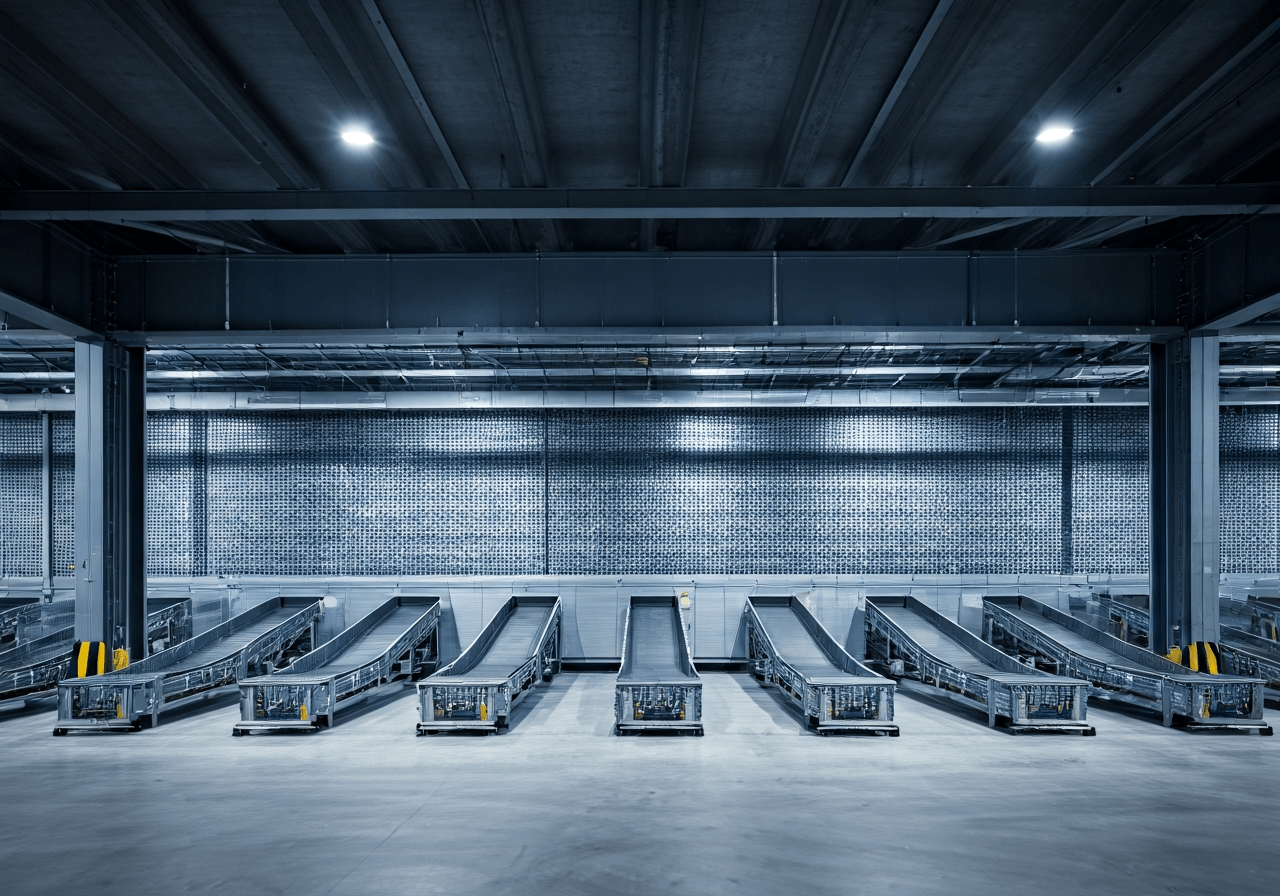 A professional, modern logistics hub with sleek minimalist architecture and automated sorting systems, editorial photography, soft natural light, depth of field, 85mm lens, no text, no words, no letters