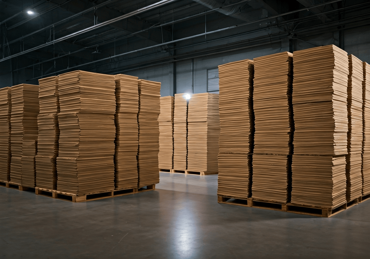 A wide-angle editorial shot of a modern, organized e-commerce distribution center with rows of neatly stacked parcels, soft natural light, premium aesthetic, 85mm lens, high resolution, no text, no words, no letters.