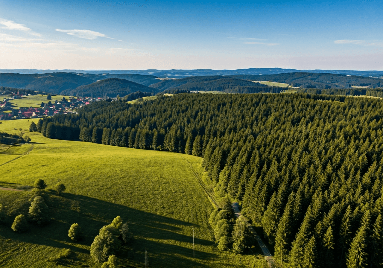 Aerial wide shot of the village Halenkovice nestled in the rolling green hills of the Zlín region, lush forests and meadows, sunny day with soft natural light, professional landscape photography, 85mm lens, high resolution, no text, no letters