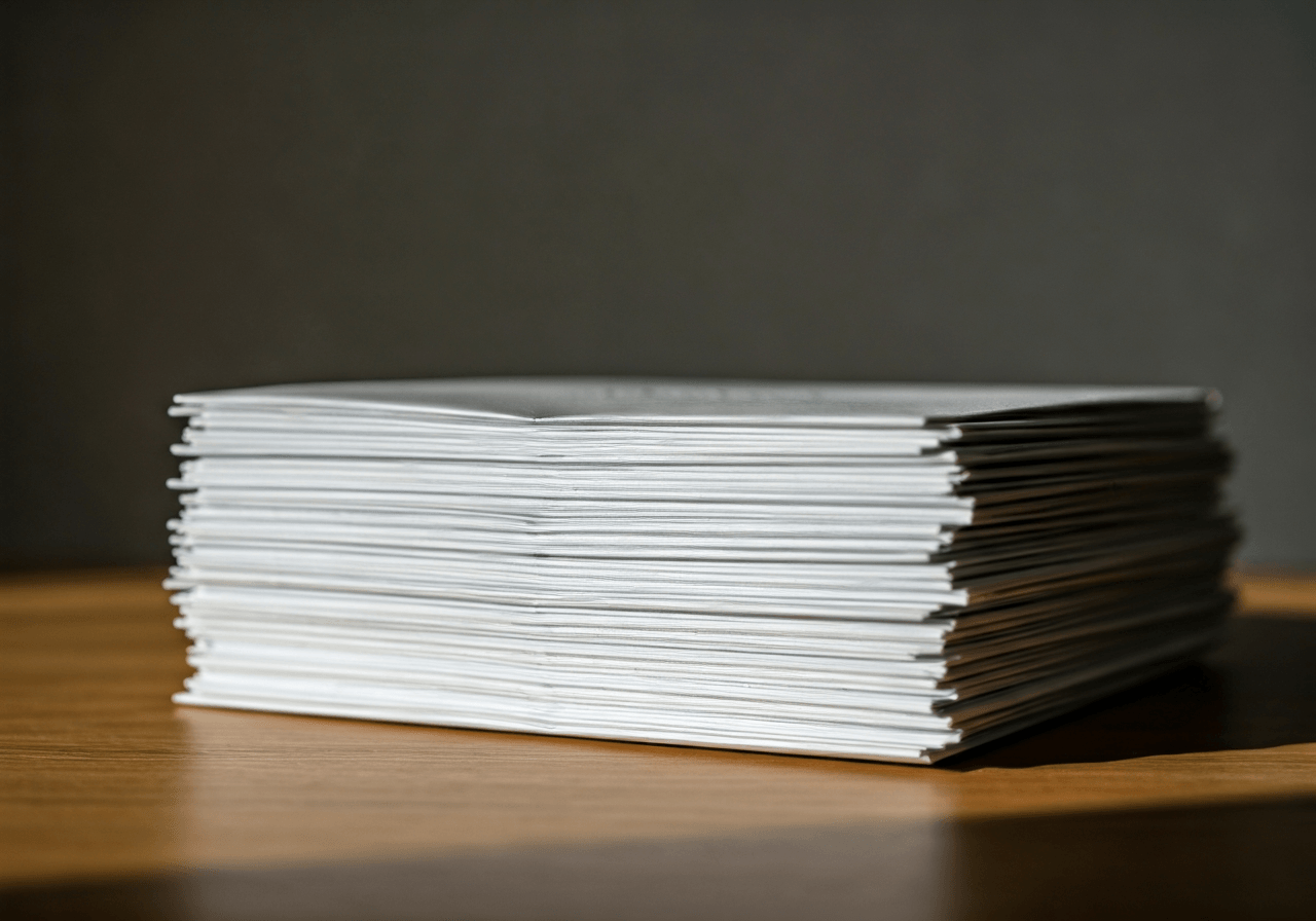 A neat stack of white envelopes with clear, handwritten addresses on a clean wooden desk, minimalist office background, editorial photography, soft natural light, 85mm lens, high quality, no text, no words, no letters