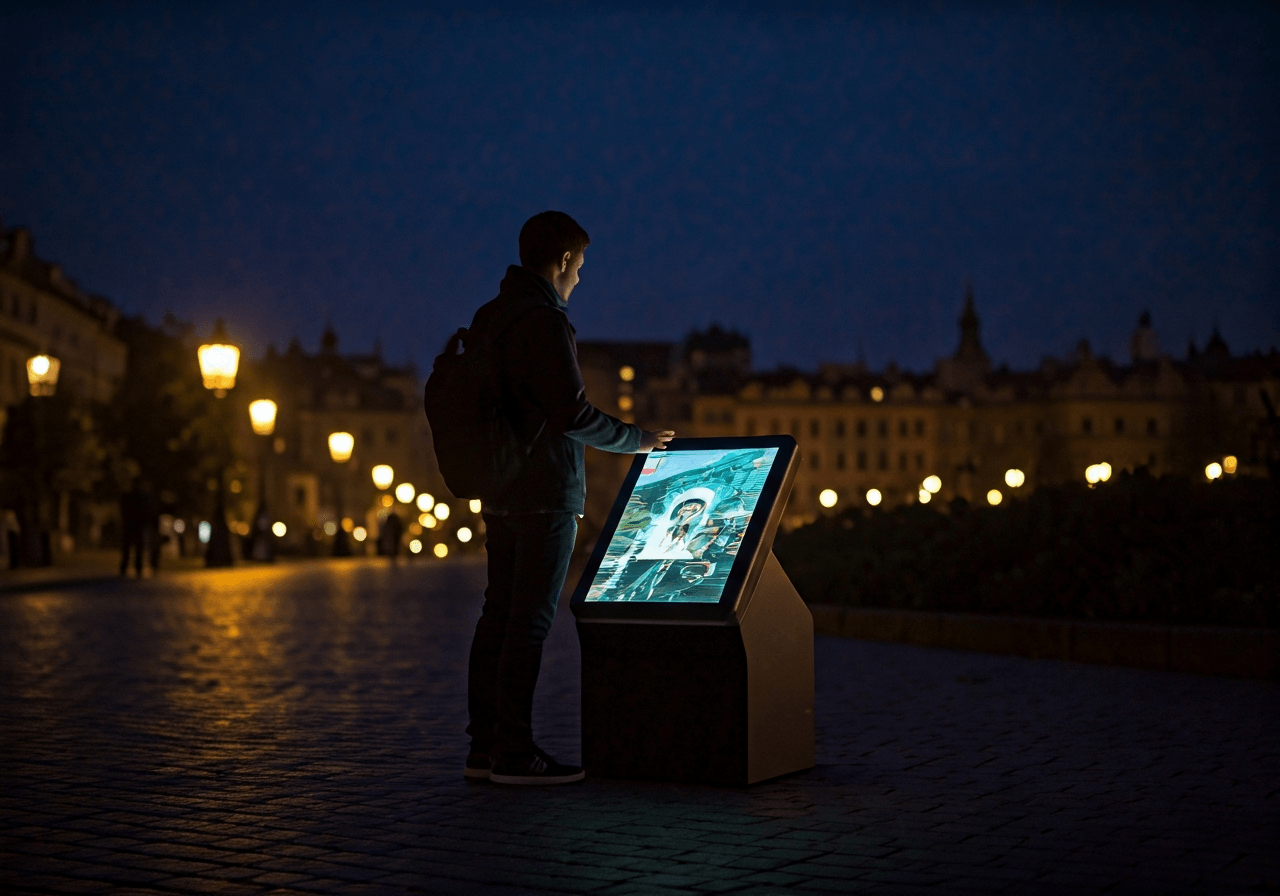 Editorial photography, a person interacting with a modern Z-BOX in Prague at dusk, illuminated by its screen, surrounded by city lights, soft ambient light, 85mm lens, highly detailed, no text, no words, no letters