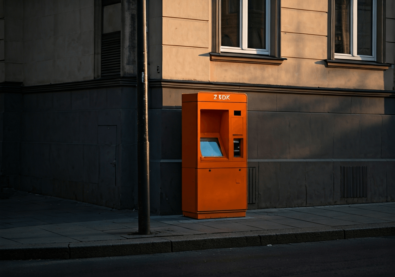 A modern, minimalist Z-BOX terminal located on a clean, sunlit Prague street corner, editorial photography, soft natural light, 85mm lens, depth of field, sharp focus, no text, no words, no letters