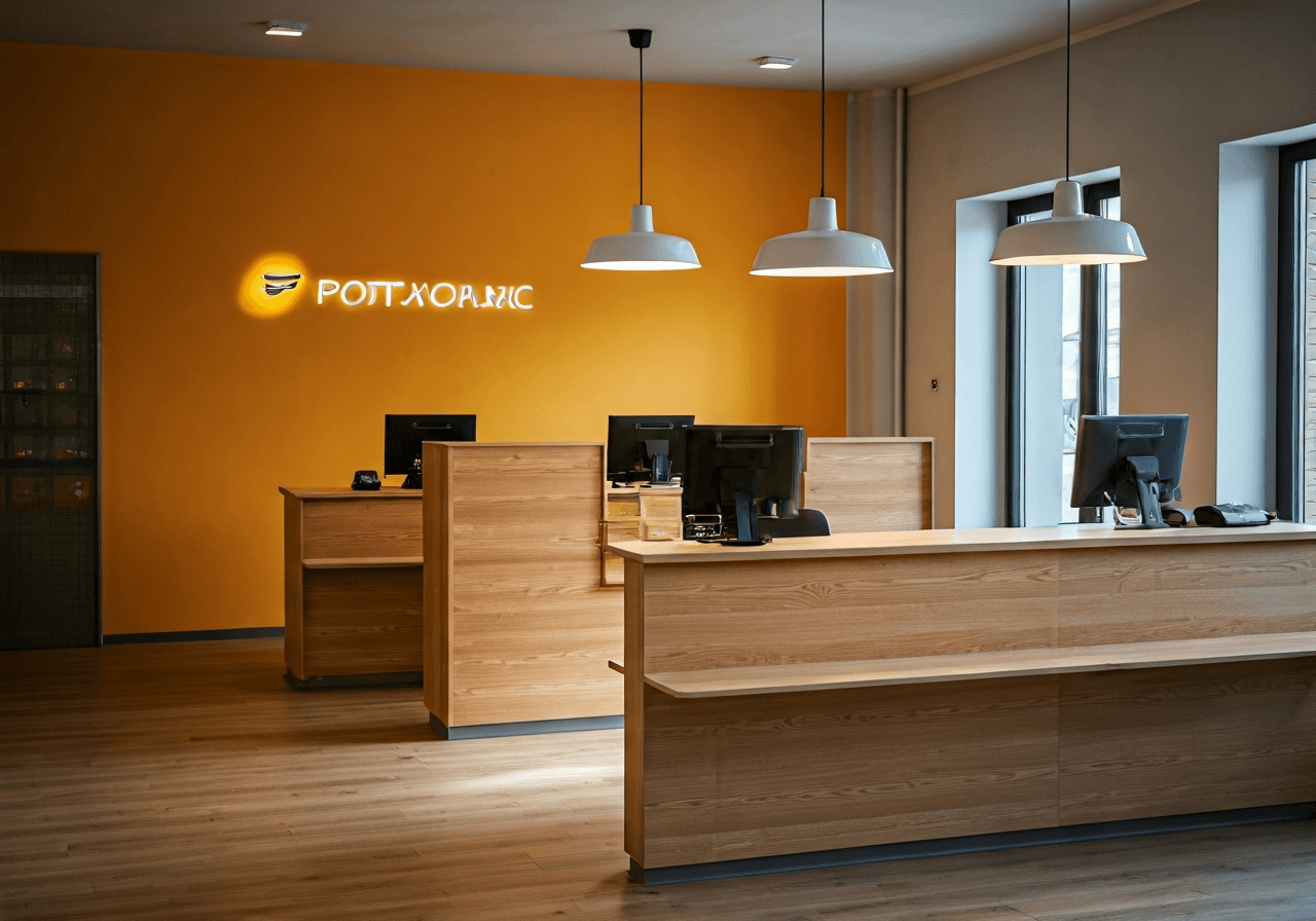 Editorial photography, modern Czech post office interior, clean wooden counters and minimalist signage, soft natural light streaming through a window, professional atmosphere, 85mm lens, high resolution, no text, no words, no letters