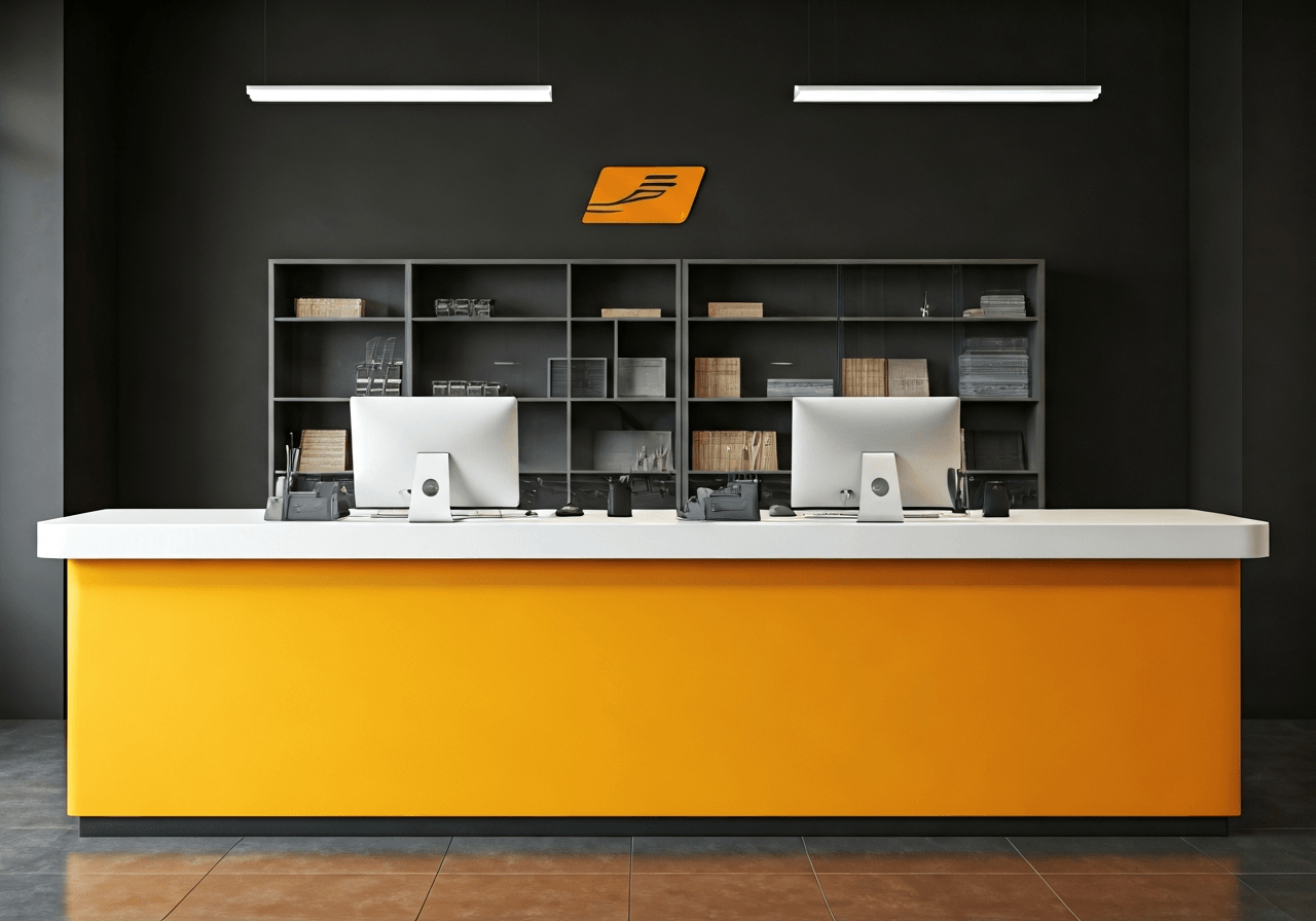A professional, minimalist interior of a modern post office service desk with warm soft natural light, clean aesthetics, editorial photography, 85mm lens, high detail, no text, no letters