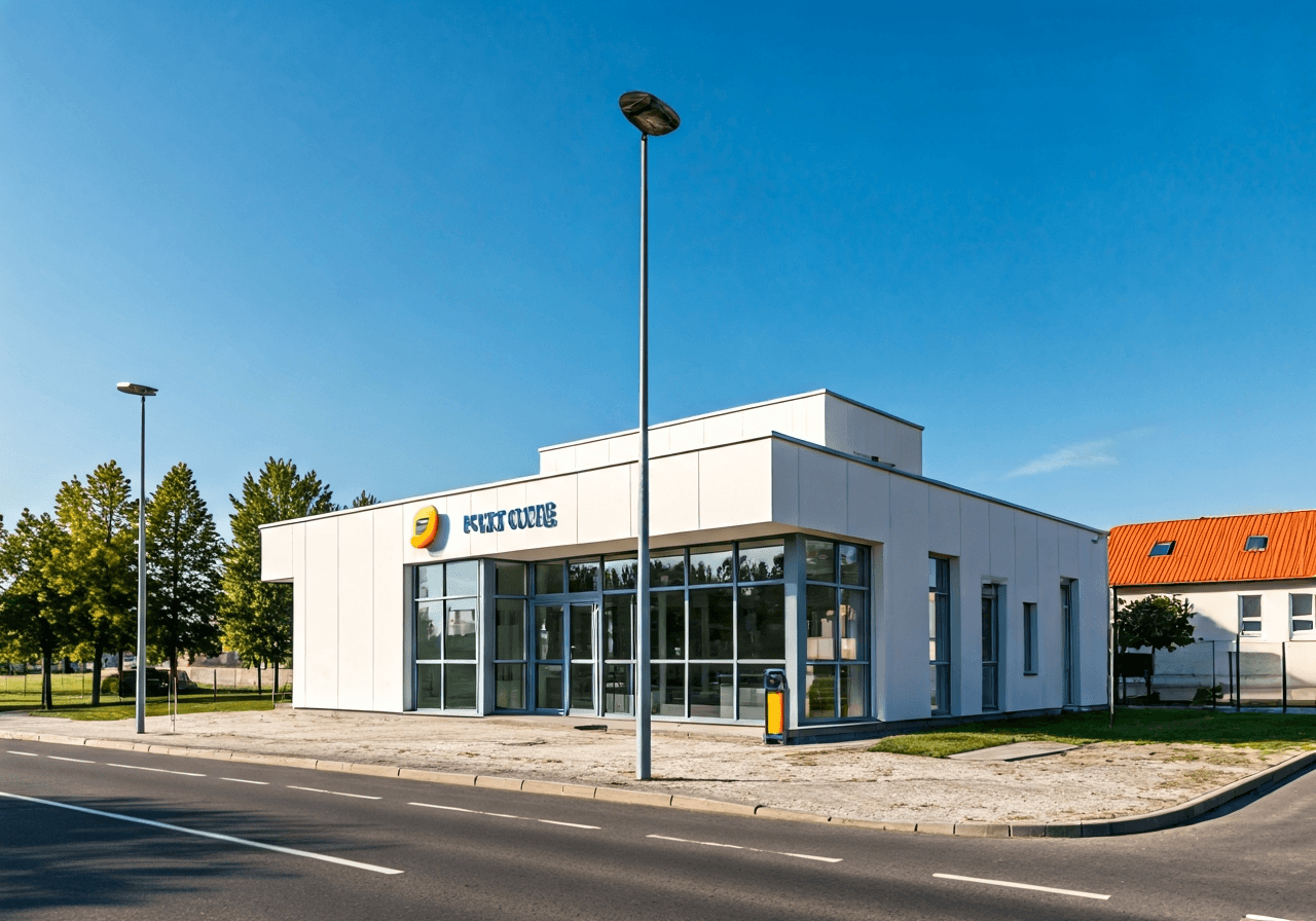 A professional exterior shot of a modern, clean post office building in a quiet Czech village, clear signage, soft morning sunlight, architectural photography, 85mm lens, high resolution, no text, no letters