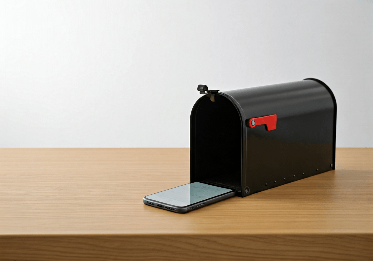 A close-up of a modern, organized mailbox next to a clean wooden desk with a smartphone showing a contact list, bright airy office space, professional editorial style, soft natural light, 85mm lens, minimalist aesthetic, no text, no letters.