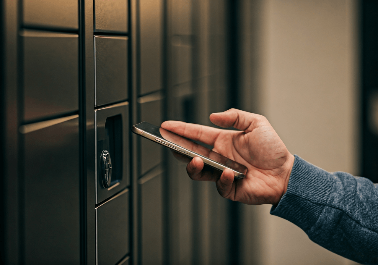 A close-up, high-quality shot of a person's hand using a modern smartphone to select a locker location, blurred background of a clean, modern parcel pickup station, soft natural light, editorial photography, 85mm lens, highly detailed, no text, no letters