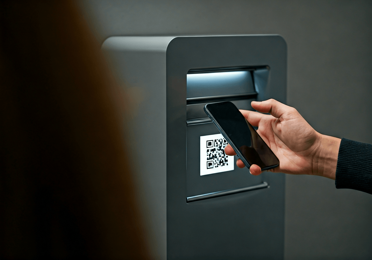 A person using a smartphone at a minimalist parcel drop-off station, scanning a digital QR code, clean modern warehouse interior, soft natural light, premium editorial aesthetic, 85mm lens, no text, no words, no letters