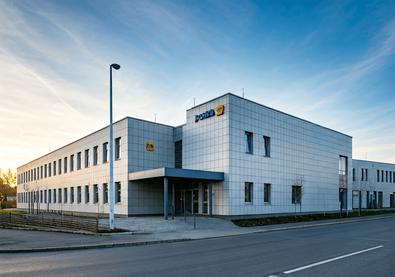 PSČ Libčice nad Vltavou: Rychlé ověření (do 5 s) 2 A modern, clean postal facility exterior in a charming Czech town, soft natural morning light, high-end editorial photography style, 85mm lens, sharp focus on architecture, no text, no words, no letters