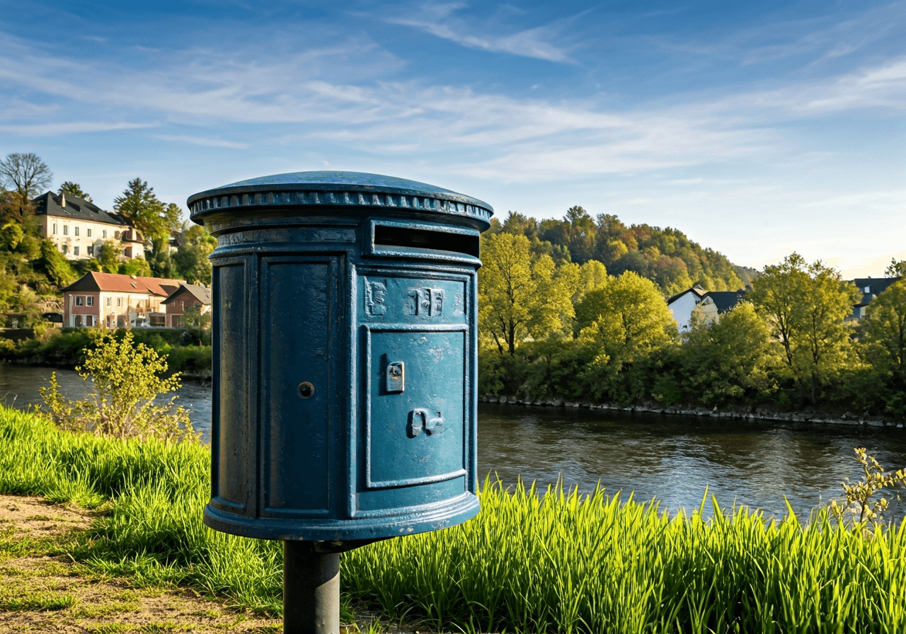 PSČ Libčice nad Vltavou: Rychlé ověření (do 5 s) 3 A detailed high-angle shot of a classic Czech post box standing in an idyllic suburban landscape near a river, editorial photography, modern, premium, soft natural light, 85mm lens, high resolution, no text, no words, no letters