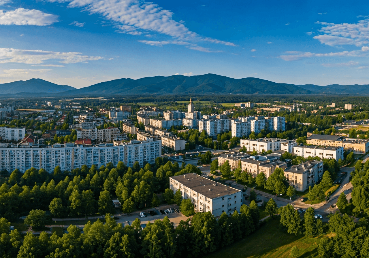 Aerial wide shot of the Priekopa district within the city of Martin, lush green mountains of the Turiec region in the background, clean urban layout, editorial photography, soft morning natural light, 85mm lens, highly detailed, no text, no letters