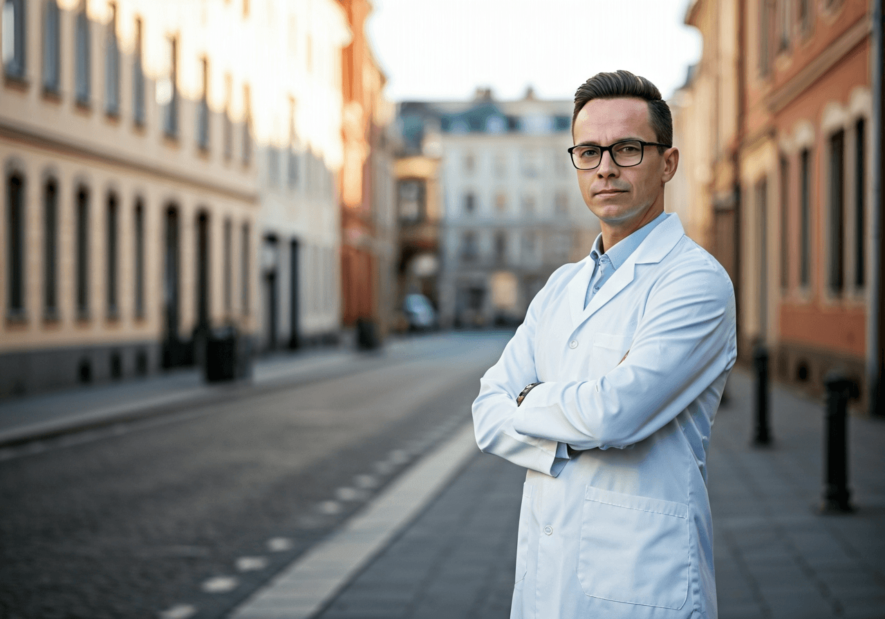 A professional nutritionist standing on a clean city street in Martin, Turiec region in the background, soft morning sunlight, editorial style, premium photography, 85mm lens, no text, no letters