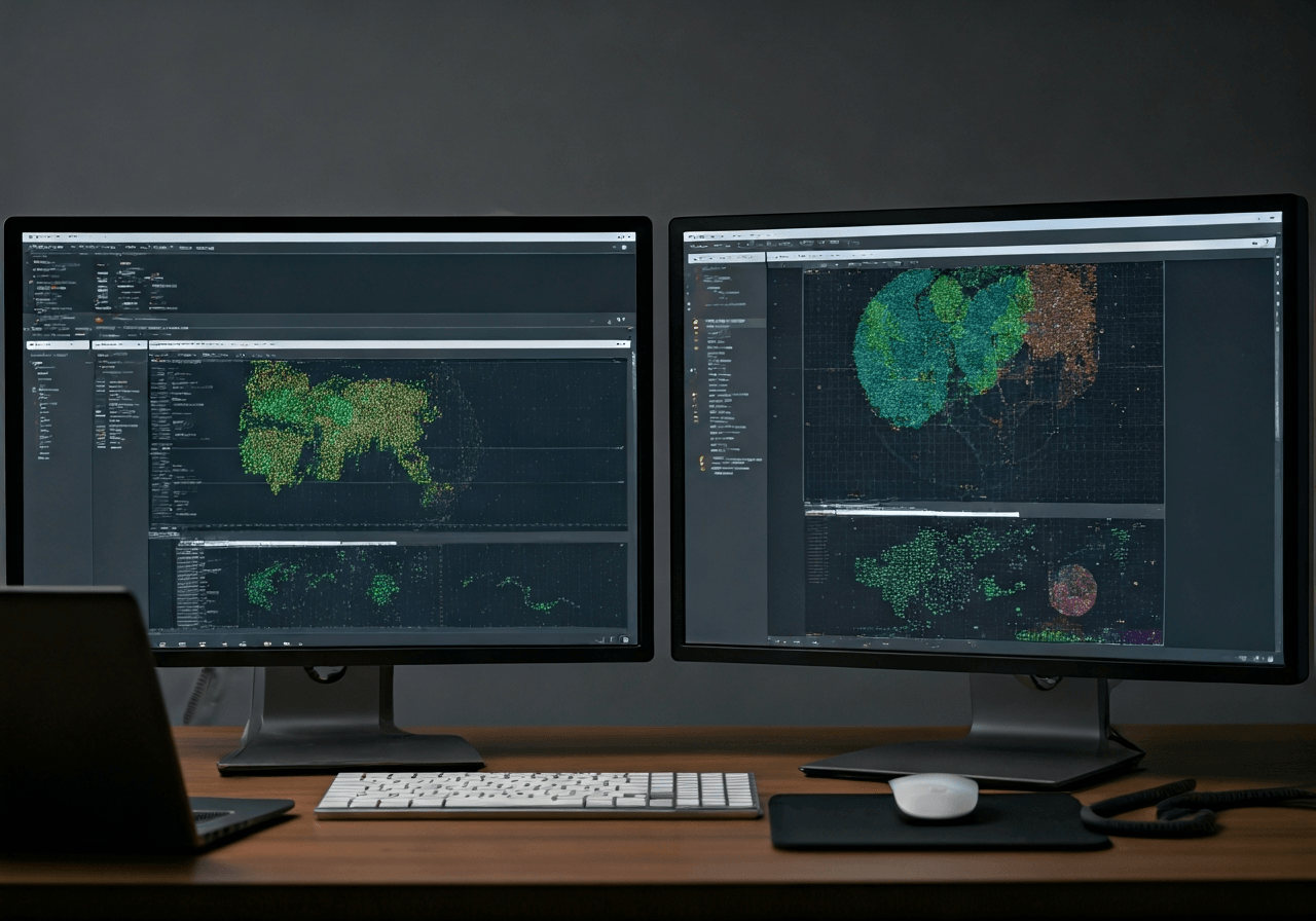 PSČ: Jak si ho ověřit online (za 10 sekund) 3 A professional data analyst workspace with multiple screens showing complex geographic data maps and address verification software, modern clean office environment, premium editorial style, soft natural lighting, 85mm lens, high focus, no text, no words, no letters.