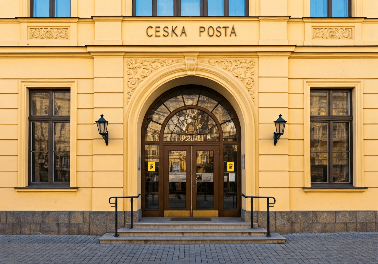 A professional exterior shot of the historic Ceska posta building in Plzen, architectural detail of a European post office entrance, clean urban street setting, editorial photography, soft natural morning light, 85mm lens, high resolution, no text, no words, no letters.