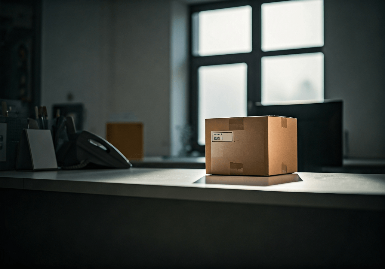 A professional, minimalist postal service desk in a modern facility in Pilsen, clean interior design, natural sunlight streaming through a window, focus on a neatly labeled package, editorial photography, 85mm lens, high quality, no text, no letters.