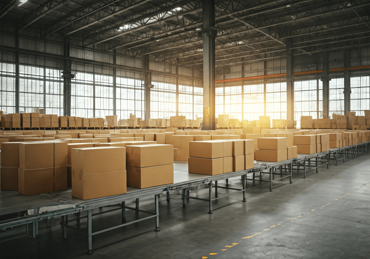 A wide-angle shot of a logistics hub with cardboard boxes being sorted, professional editorial style, modern industrial warehouse background, soft natural daylight filtering through high windows, 85mm lens, highly detailed, no text, no letters