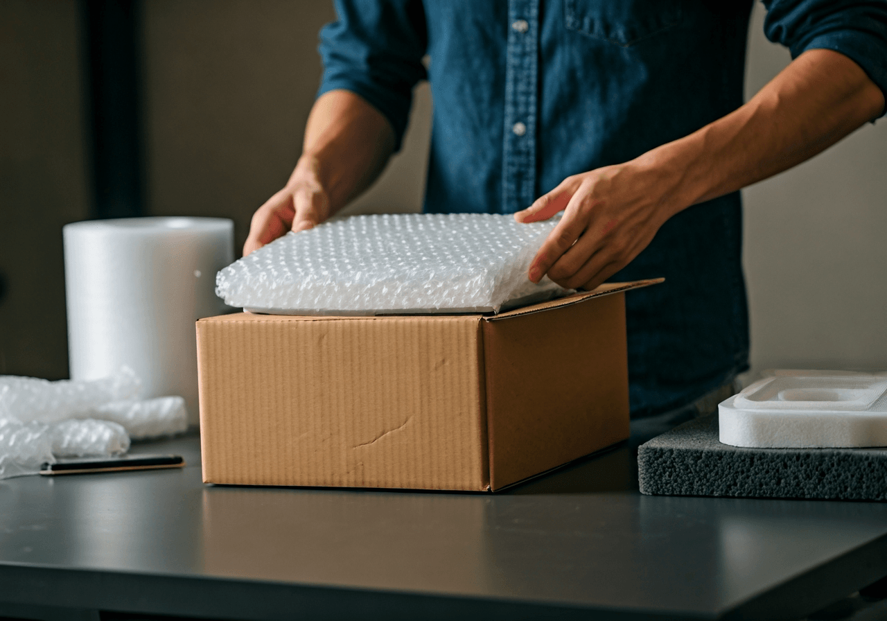 Editorial photography, a logistics expert's hands carefully packaging a delicate electronic device in a sturdy cardboard box, using various protective filling materials like bubble wrap and custom foam inserts, set in a clean, modern warehouse with soft natural light, 85mm lens, highly detailed, no text, no words, no letters