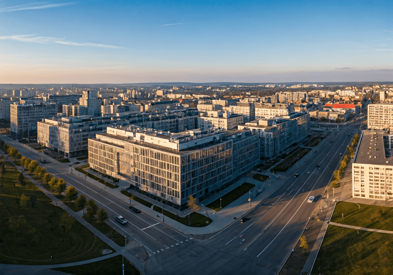 PSČ Hradec Králové: Najděte PSČ během 5 sekund (Návod) 2 Aerial view of modern Hradec Kralove architecture, clean urban layout with clear geometric patterns, morning soft natural light, editorial photography, 85mm lens, high resolution, no text, no letters