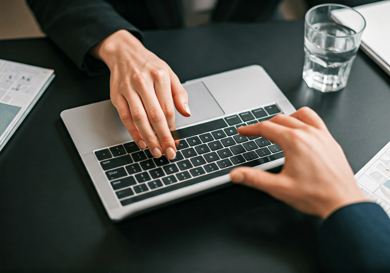 PSČ Hradec Králové: Najděte PSČ během 5 sekund (Návod) 3 A professional hands typing on a modern laptop keyboard, clean desk with a stylized city map and a glass of water, editorial photography, soft natural light, 85mm lens, high quality, no text, no letters
