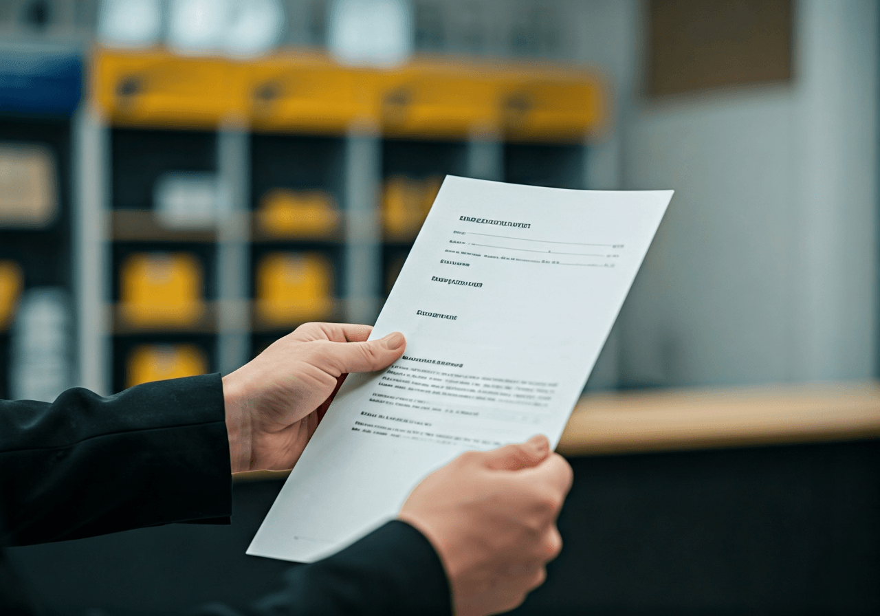 A professional person holding a paper document in a modern, clean post office interior, bright and airy space, soft natural light, editorial photography style, 85mm lens, high quality, no text, no letters.