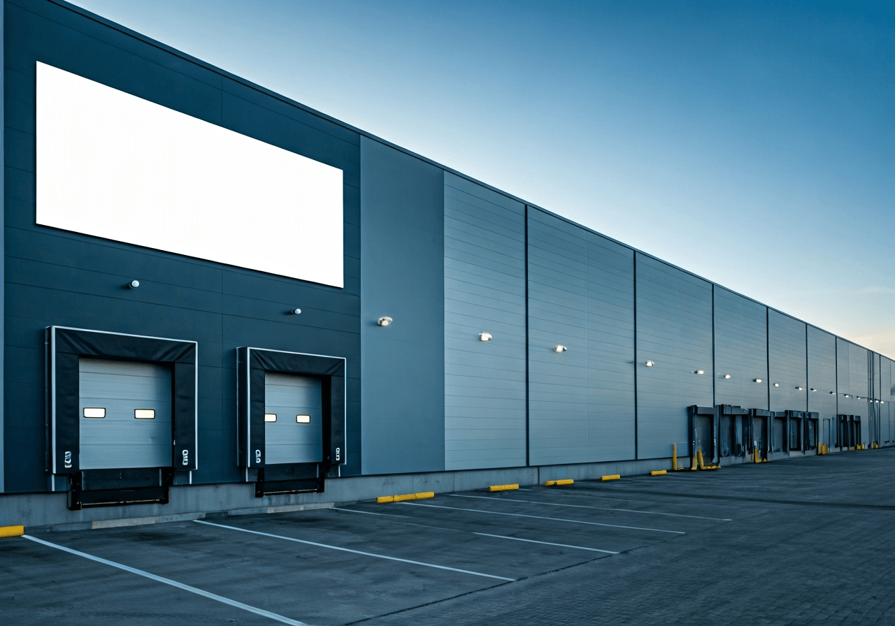 Modern logistics warehouse facility exterior with clean signage, industrial area in Březhrad, professional logistics environment, soft natural daylight, 85mm lens, high resolution, no text, no letters