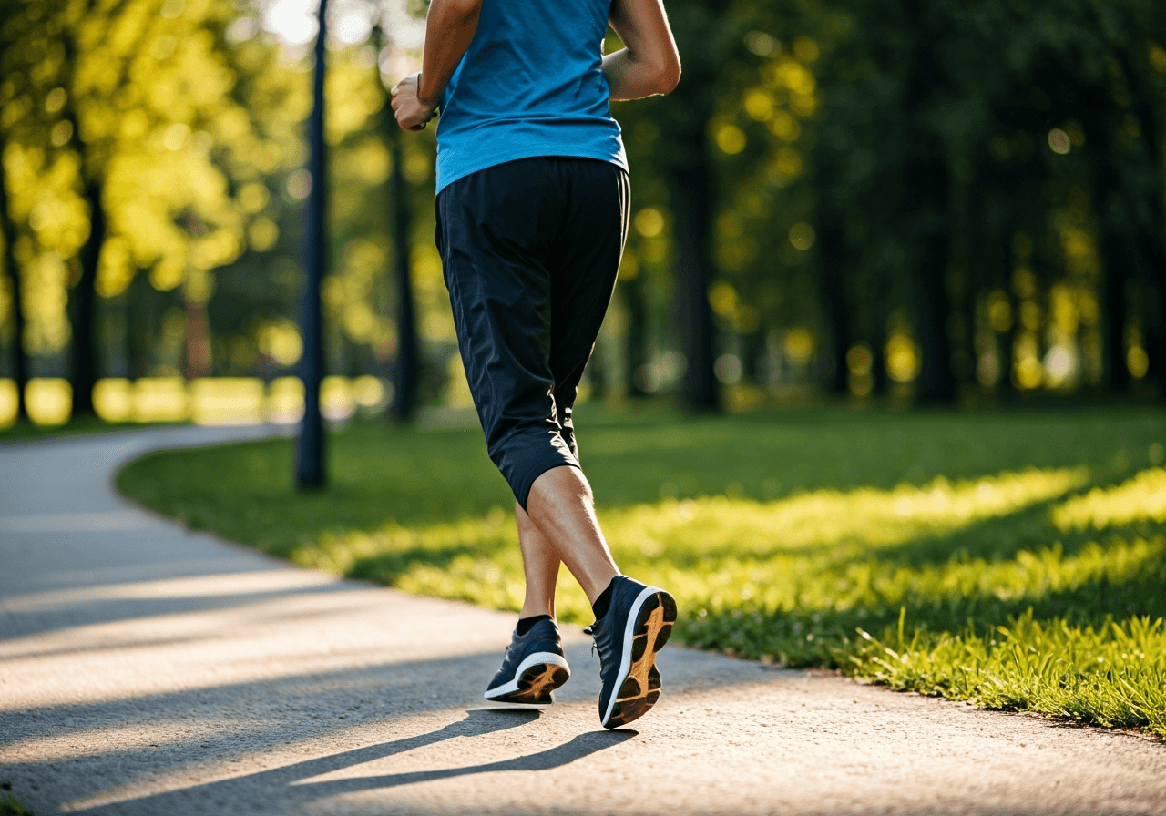 Editorial photography, a professional active person jogging on a smooth asphalt path in a lush green urban park during golden hour, soft natural light, 85mm lens, depth of field, high quality, no text, no letters