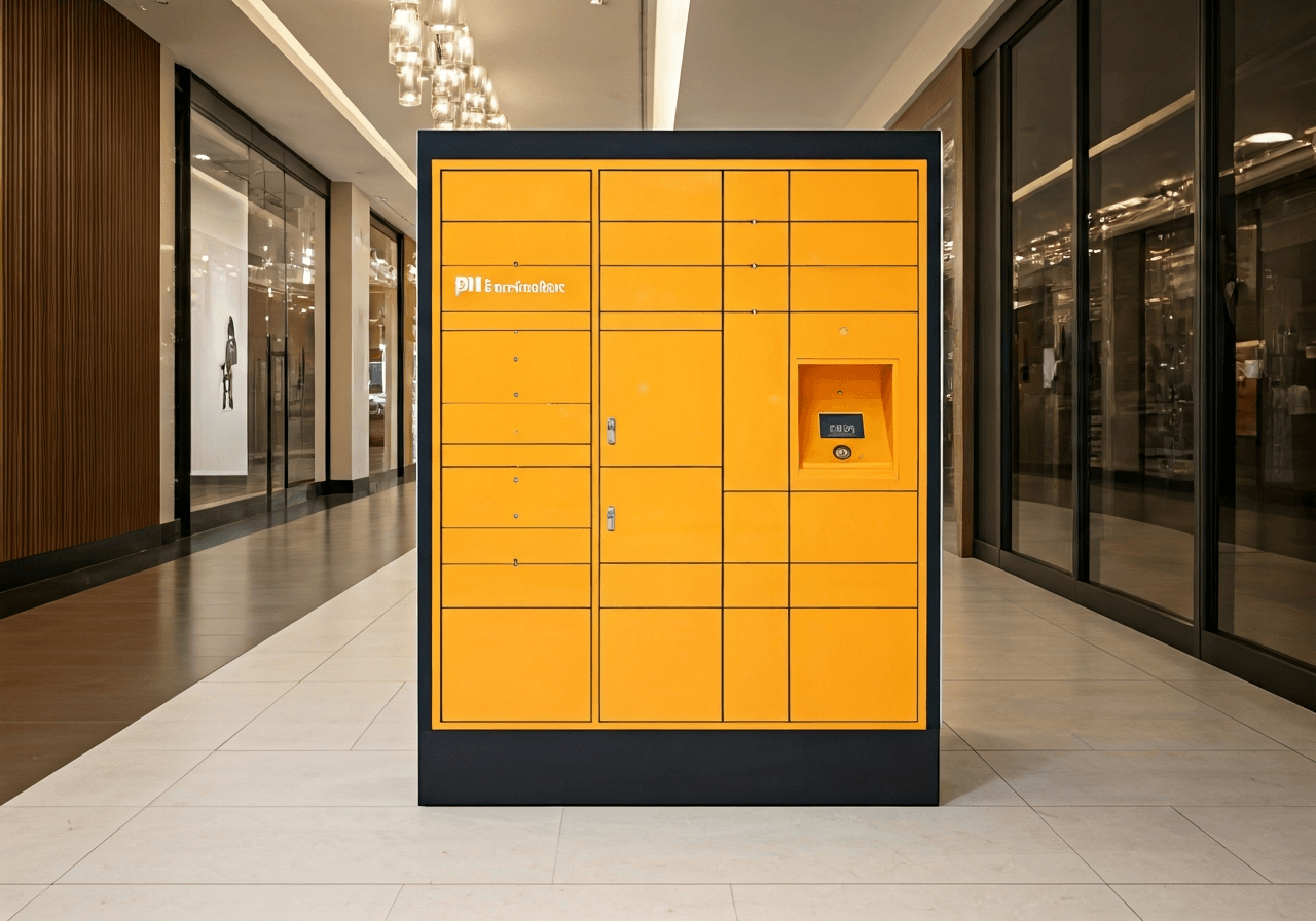 PPL Prodloužení Zásilky: Snadno a Rychle (2026) 3 Editorial photography, a sleek modern PPL Parcelbox locker unit in a well-lit, contemporary shopping center hallway, clean aesthetic, soft natural light, 85mm lens, highly detailed, no text, no words, no letters