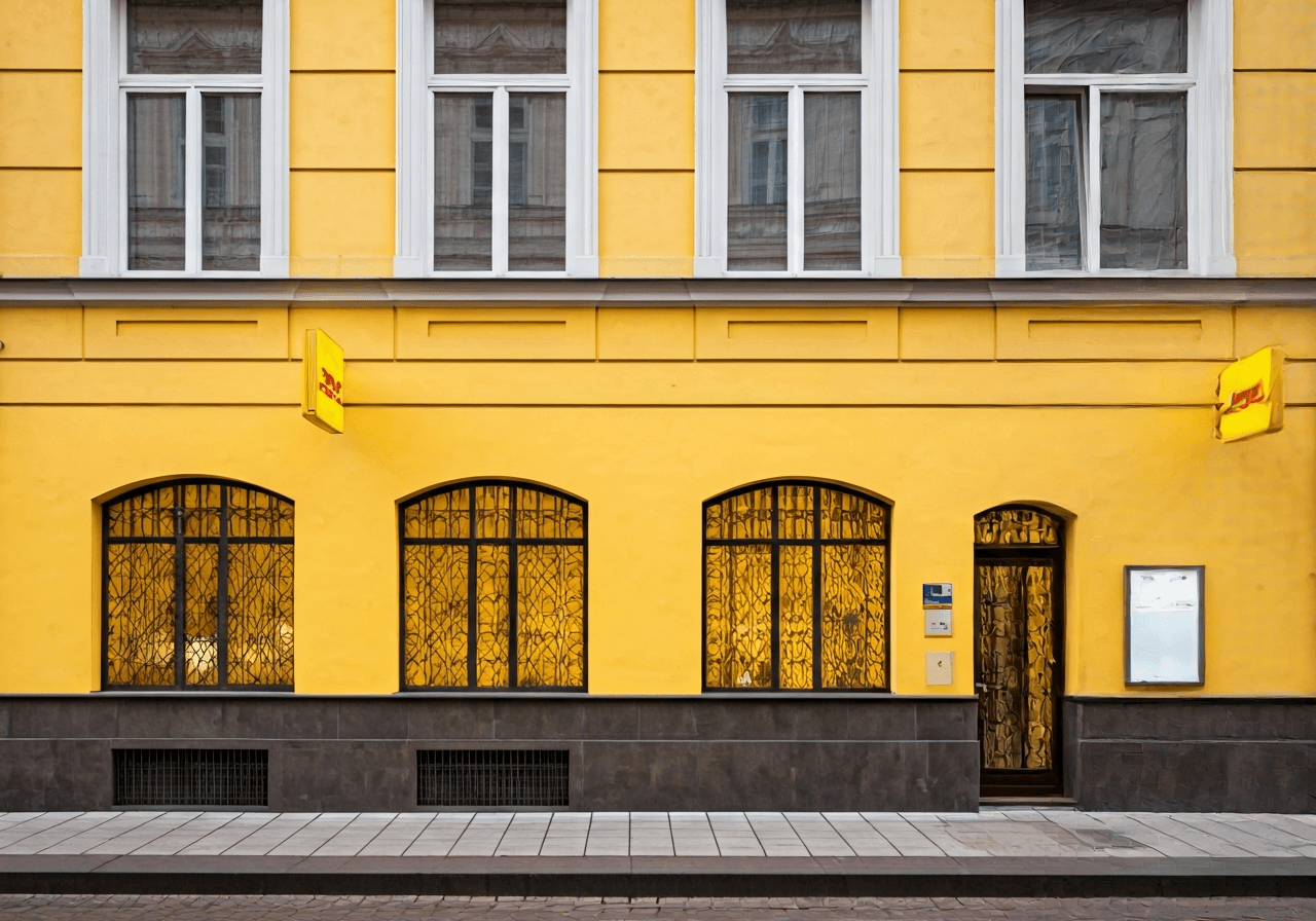 A professional, modern DHL Express Service Point storefront located in a historic building on Jindřišská street in Prague, clean architecture, editorial style, soft daylight, 85mm lens, high quality, no text, no words, no letters.