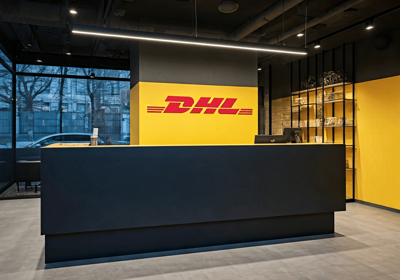 A sleek, modern DHL Service Point reception counter in Prague, minimalist interior, soft natural light, professional editorial photography, 85mm lens, high detail, no text, no words, no letters