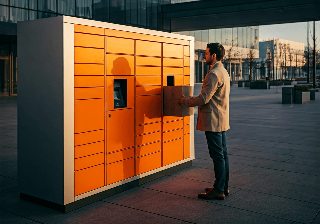 Editorial photography, a professional person in smart casual attire picking up a parcel from a bright orange and silver automated parcel locker in a modern urban plaza, soft sunset lighting, 85mm lens, high quality, no text, no letters